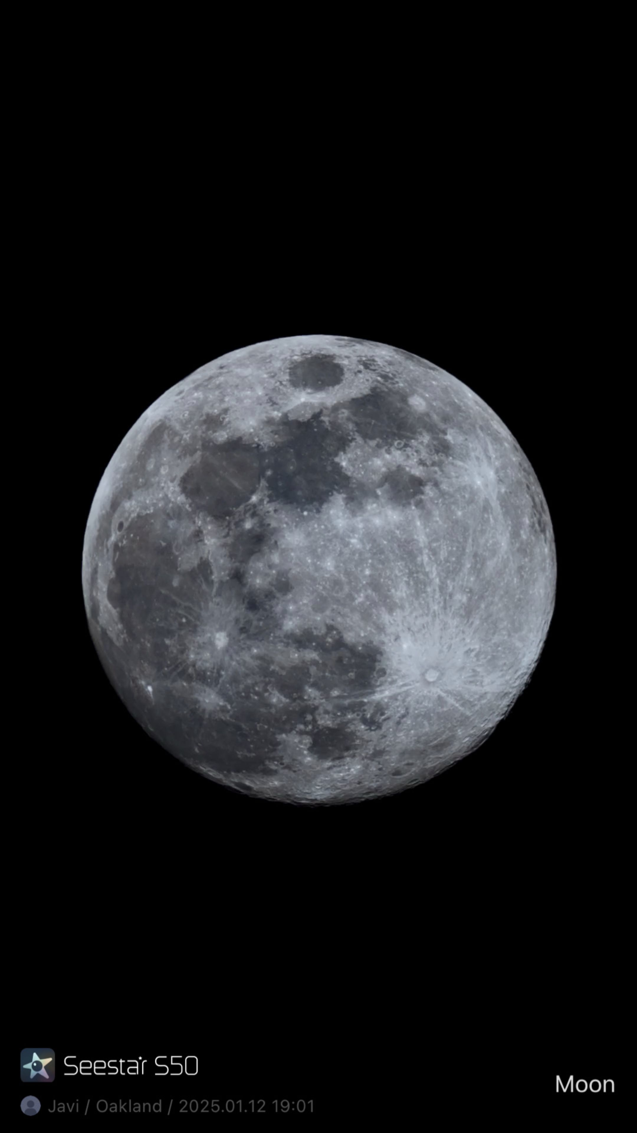 The Seestar S50 tracking a crisp monochrome moon.
