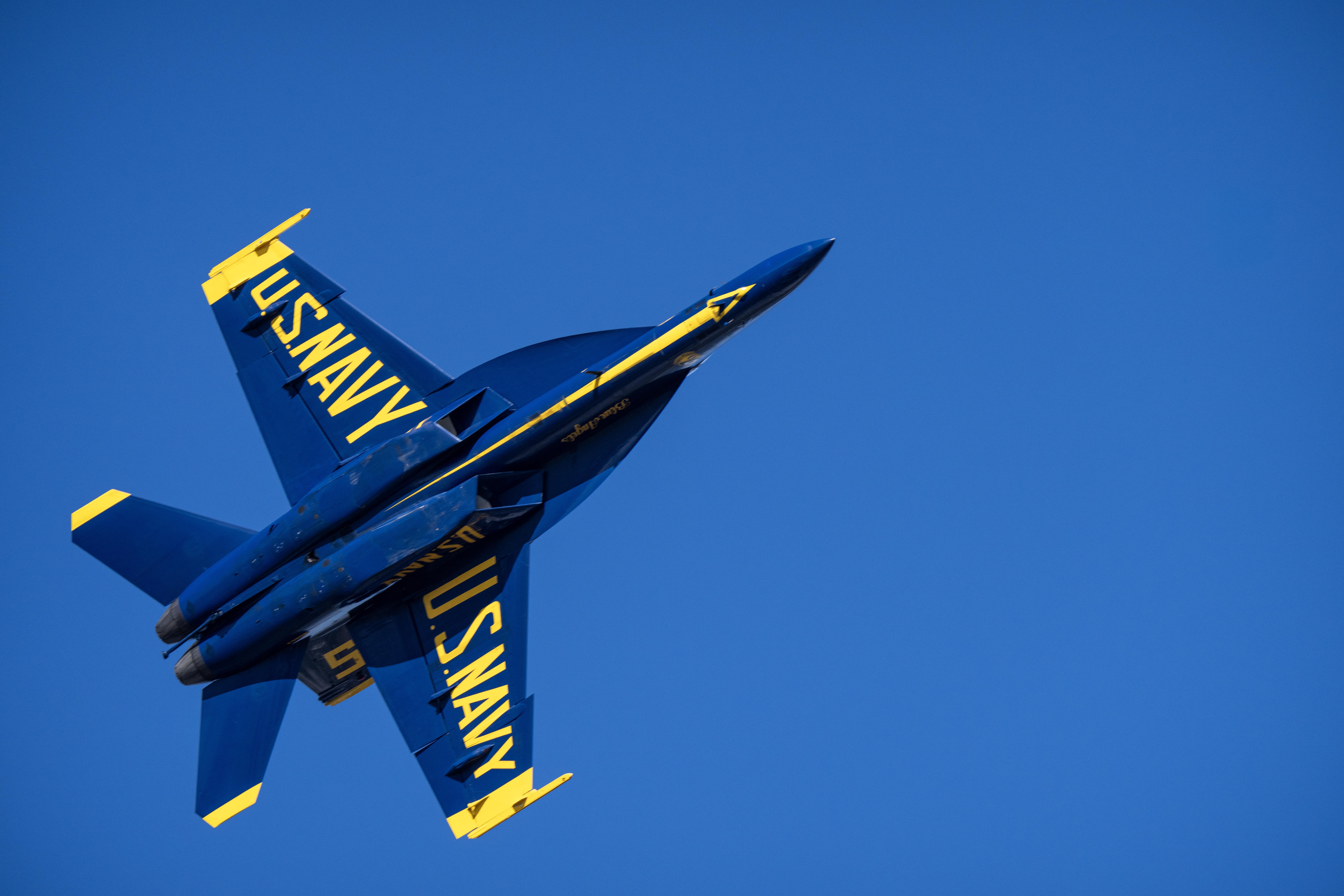 A Blue Angels jet passes overhead with U.S. Navy markings visible underneath.