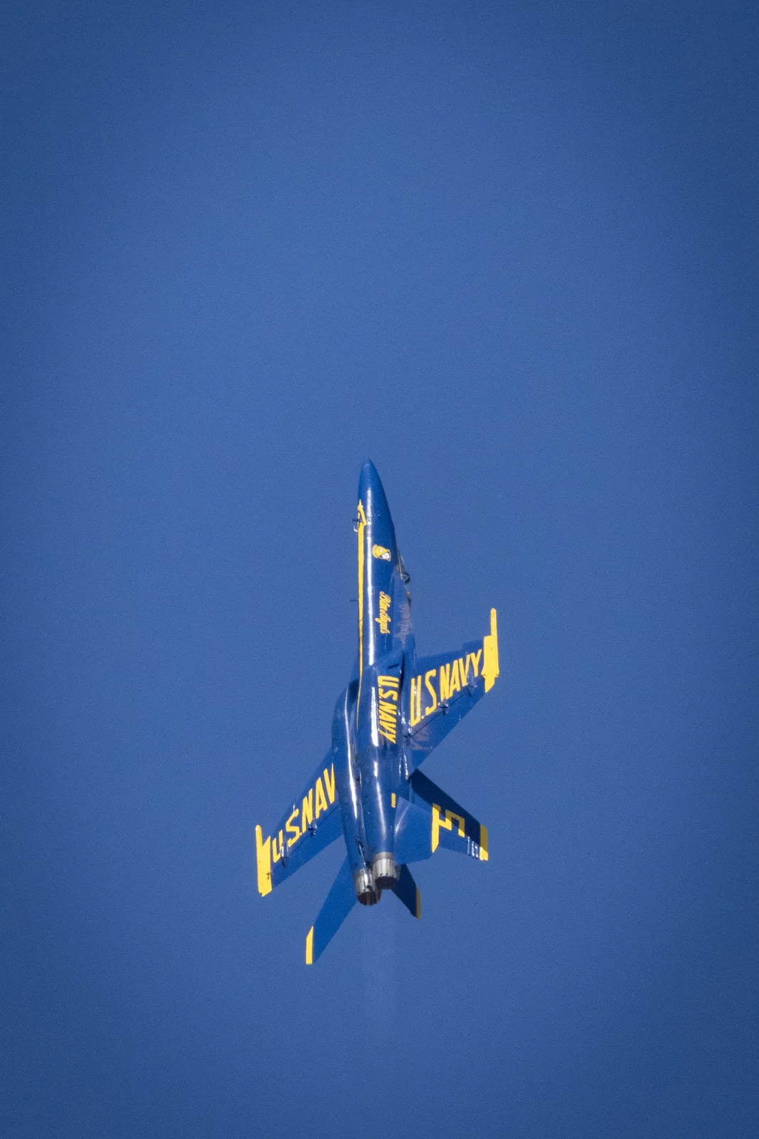 A Blue Angels jet climbs nearly straight up through the blue sky.