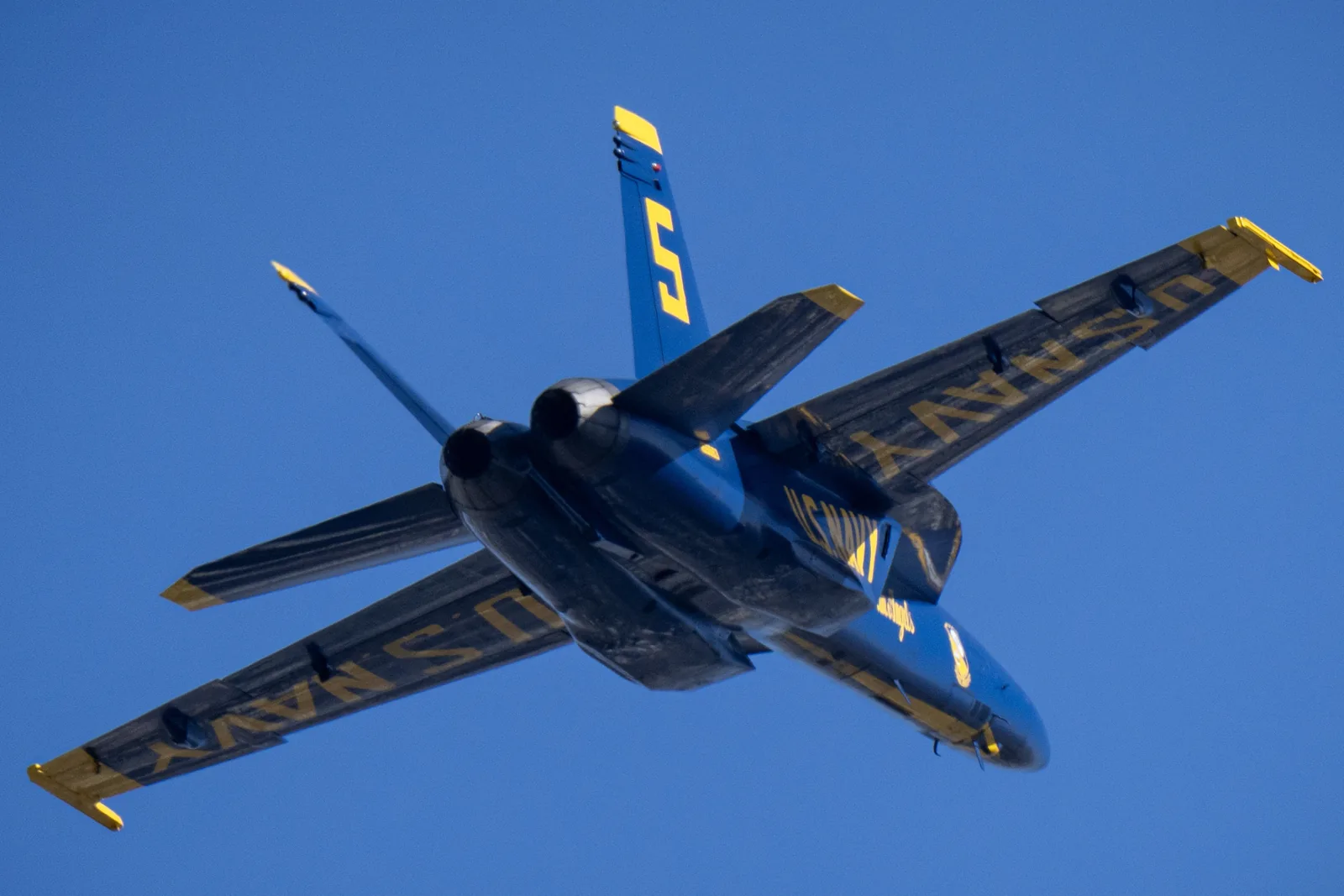 A Blue Angels jet passes overhead, seen from just behind its tail.