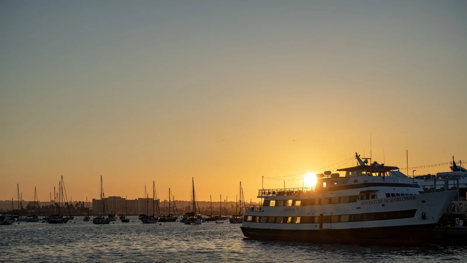 White passenger vessel named Adventure Hornblower beside a harbor, with sailboats, low sun, and reflected light on the water.